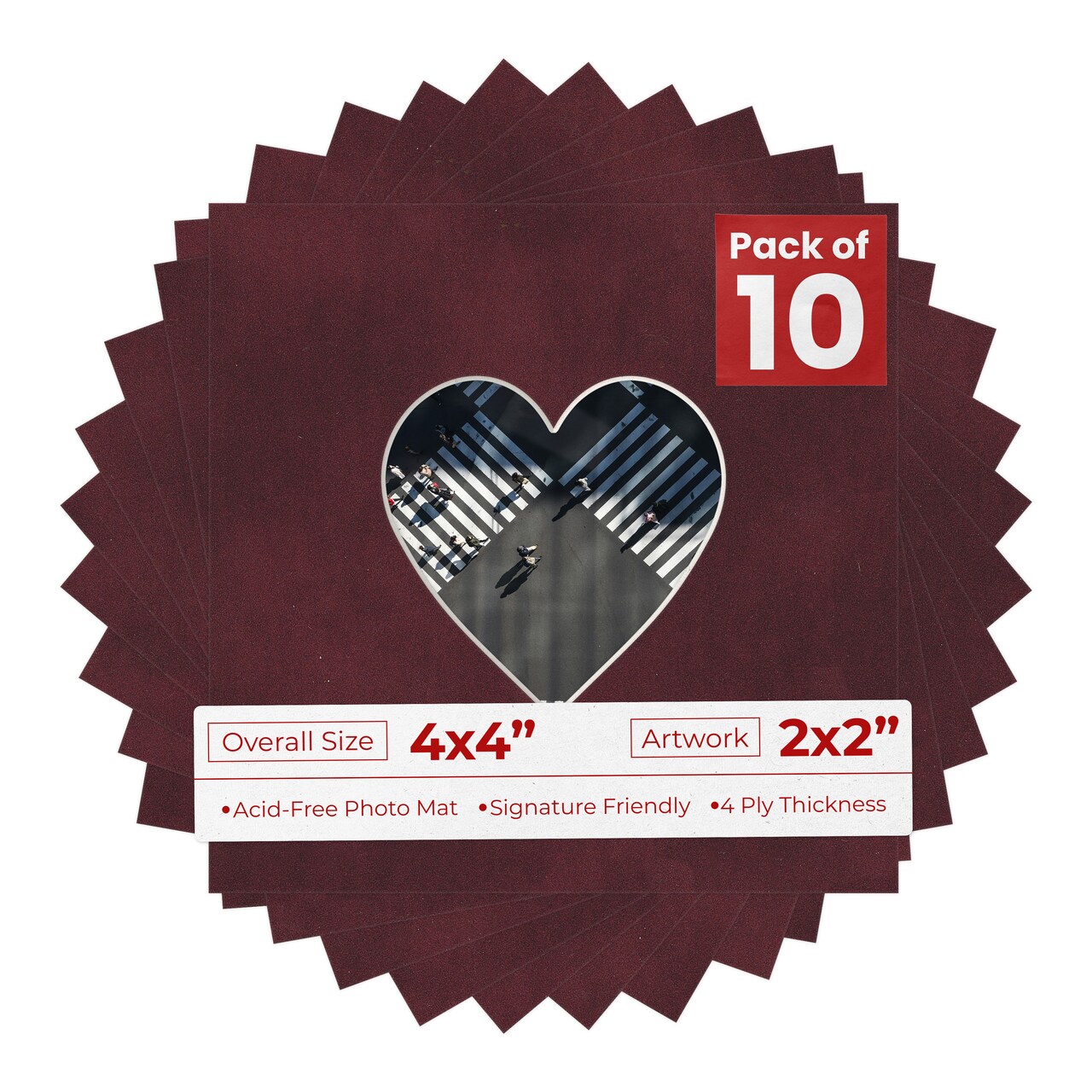 Dark Red Suede Mat Board for 4x4 Inch Frames - Heart Opening for 2x2 Photos